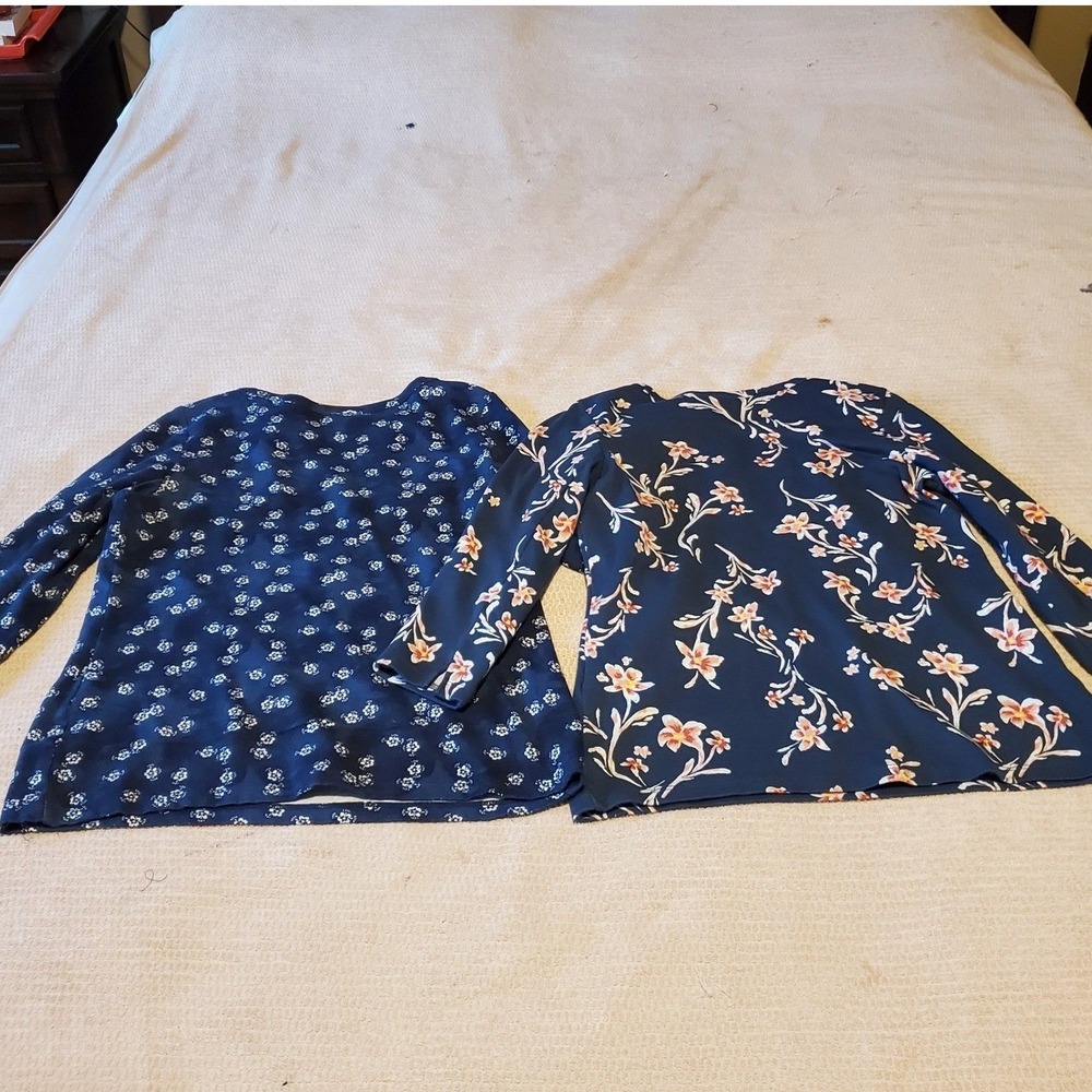 Style‎ & Co Navy Blue Floral Pima Cotton Long Sleeve Top Bundle Women PS PM 2PK